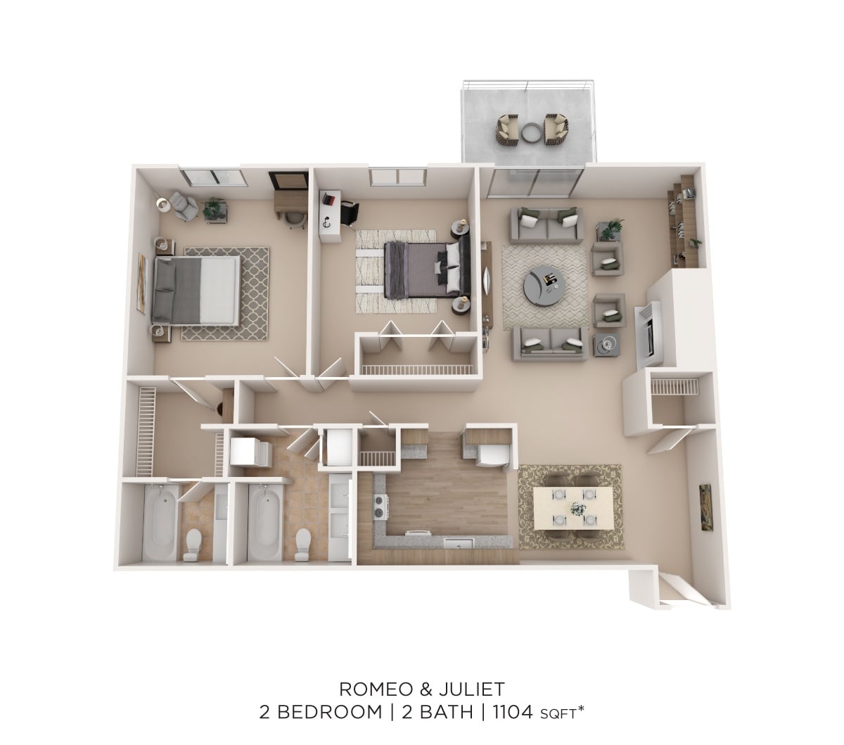 Romeo and Juliet 2Bed 2Bath 1104sqft floor plan