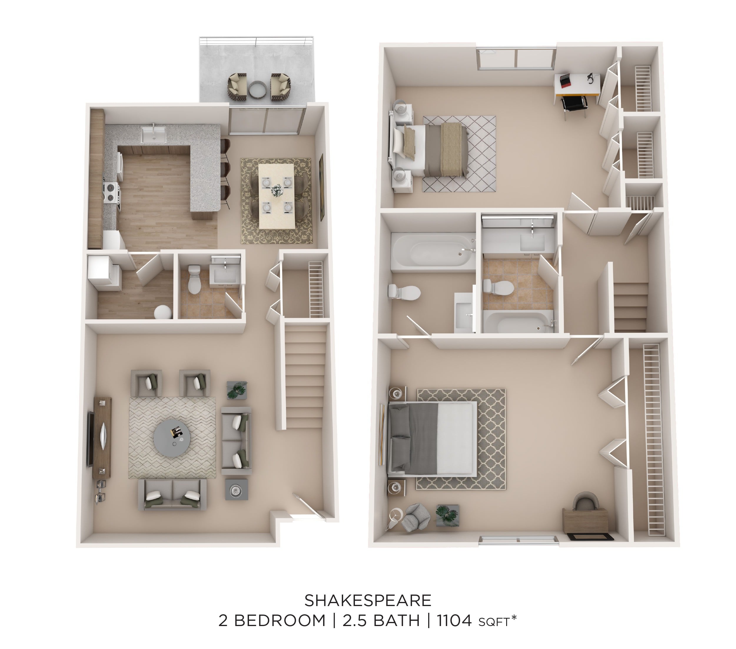 Shakespeare TH 2Bed 2.5Bath 1104sqft floor plan