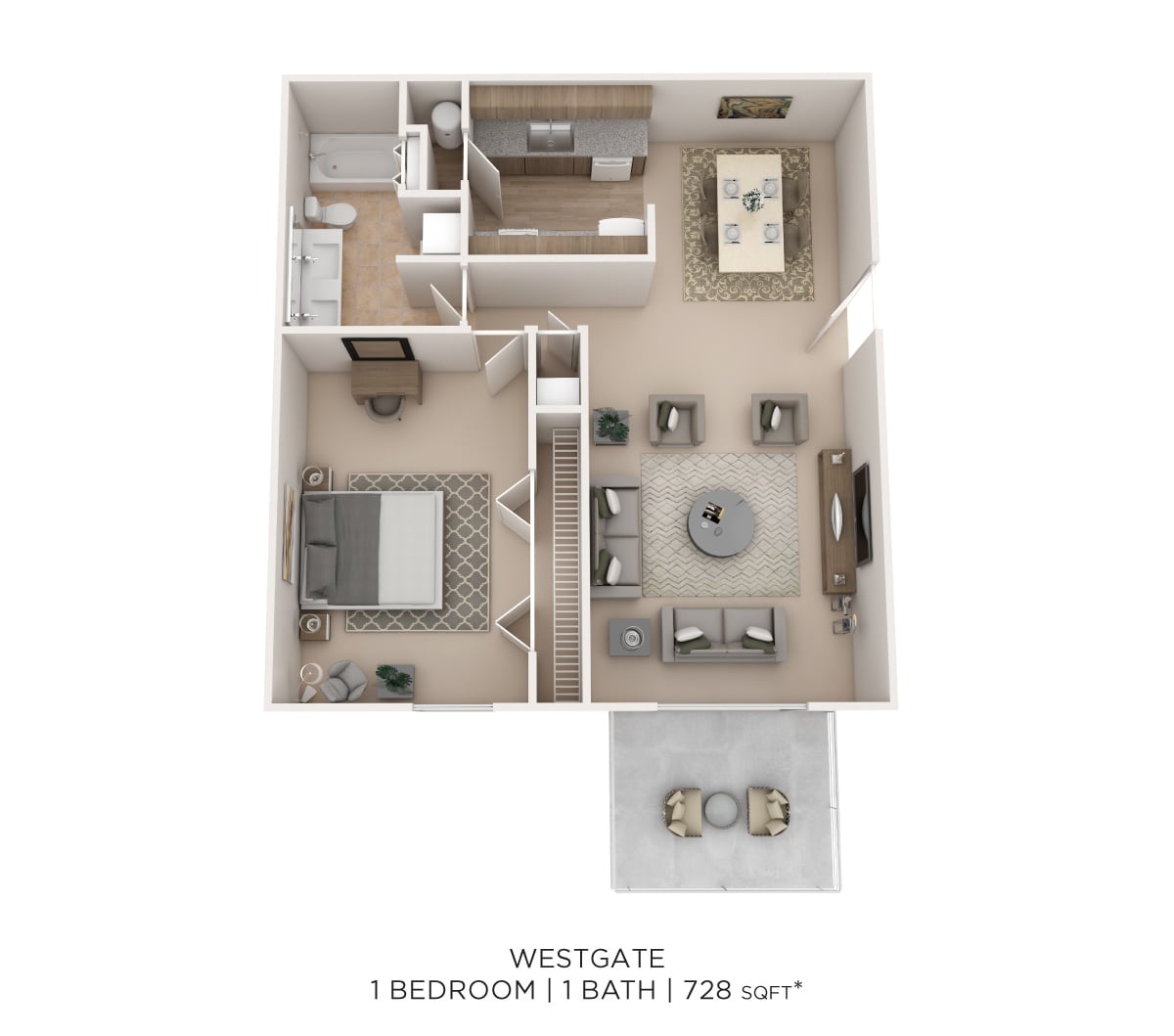 Westgate 1Bed 1Bath 728sqft floor plan