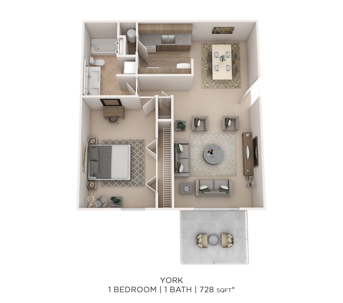 York 1Bed 1Bath 728sqft floor plan