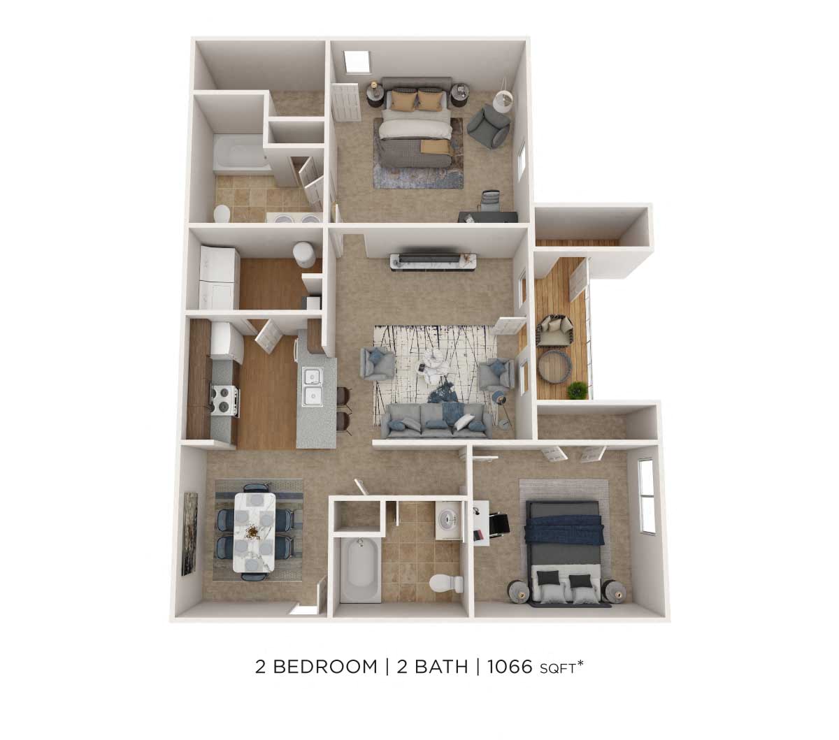 Two Bedroom 2 Bath - 1,066 sqft floor plan