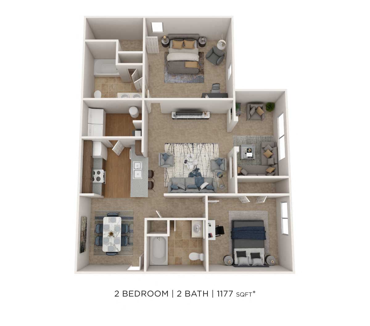 Two Bedroom 2 Bath - 1,177 sqft floor plan