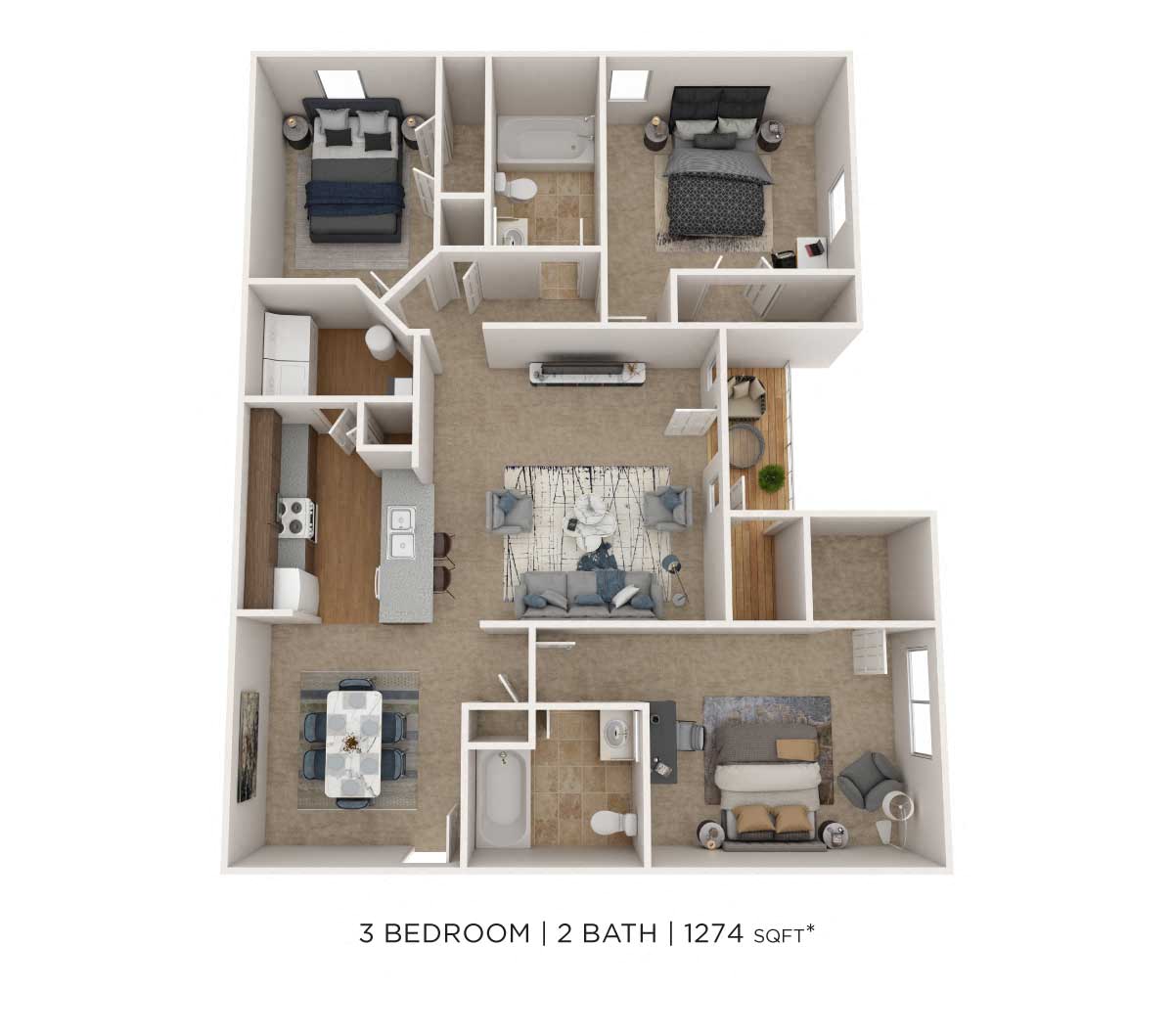 Three Bedroom 2 Bath - 1,274 sqft floor plan