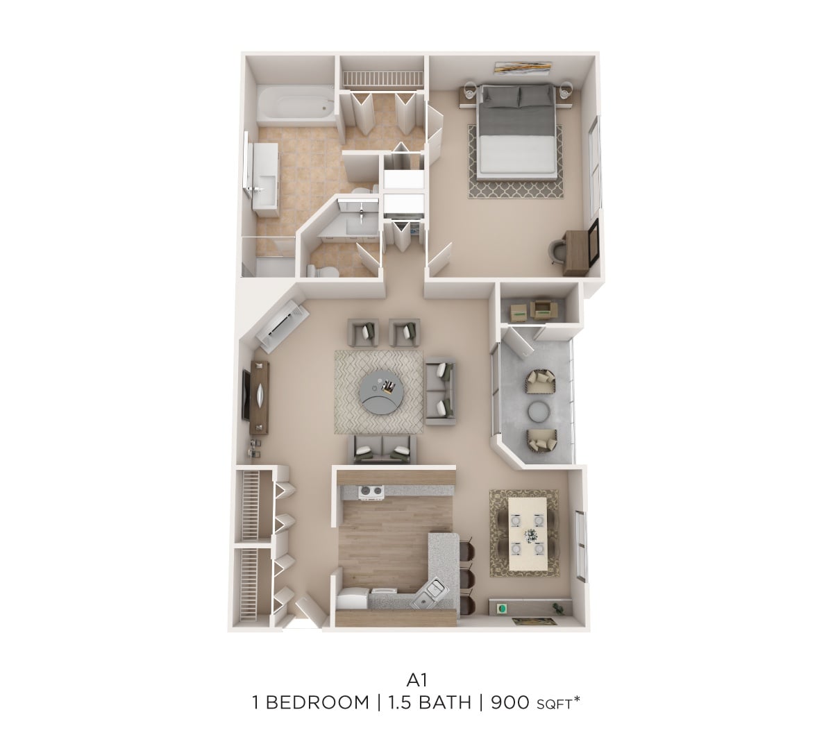 One Bed 1.5 Bath 900 Sqft floor plan
