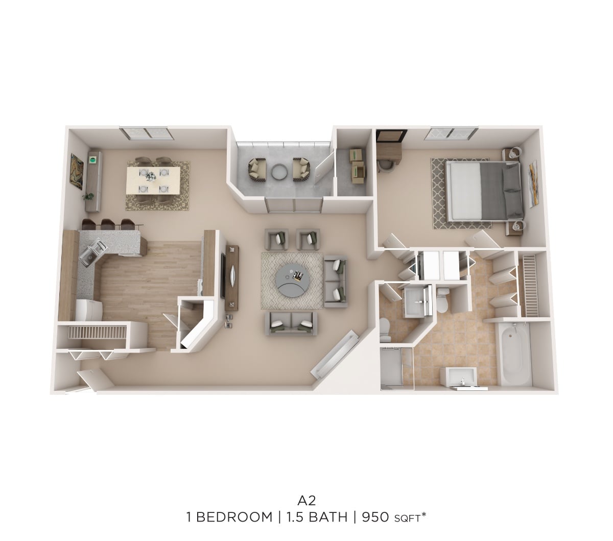 One Bed 1.5 Bath 950 Sqft floor plan