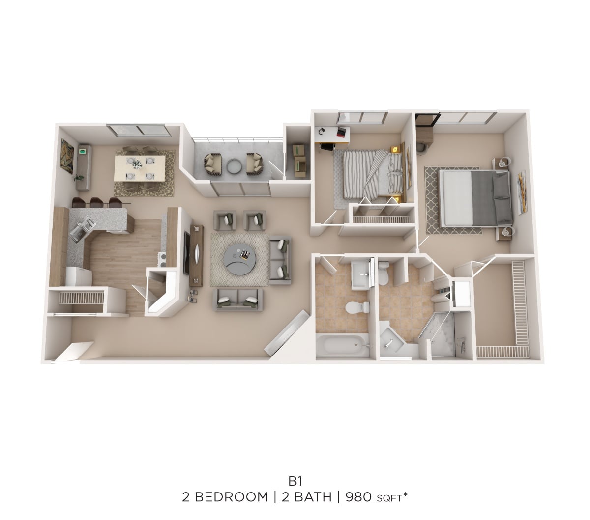 Two Bed Two Bath 980 Sqft floor plan