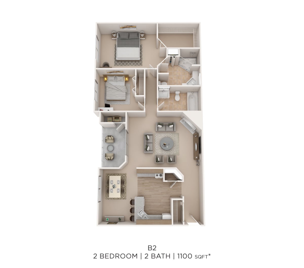 Two Bed Two Bath 1100 Sqft floor plan
