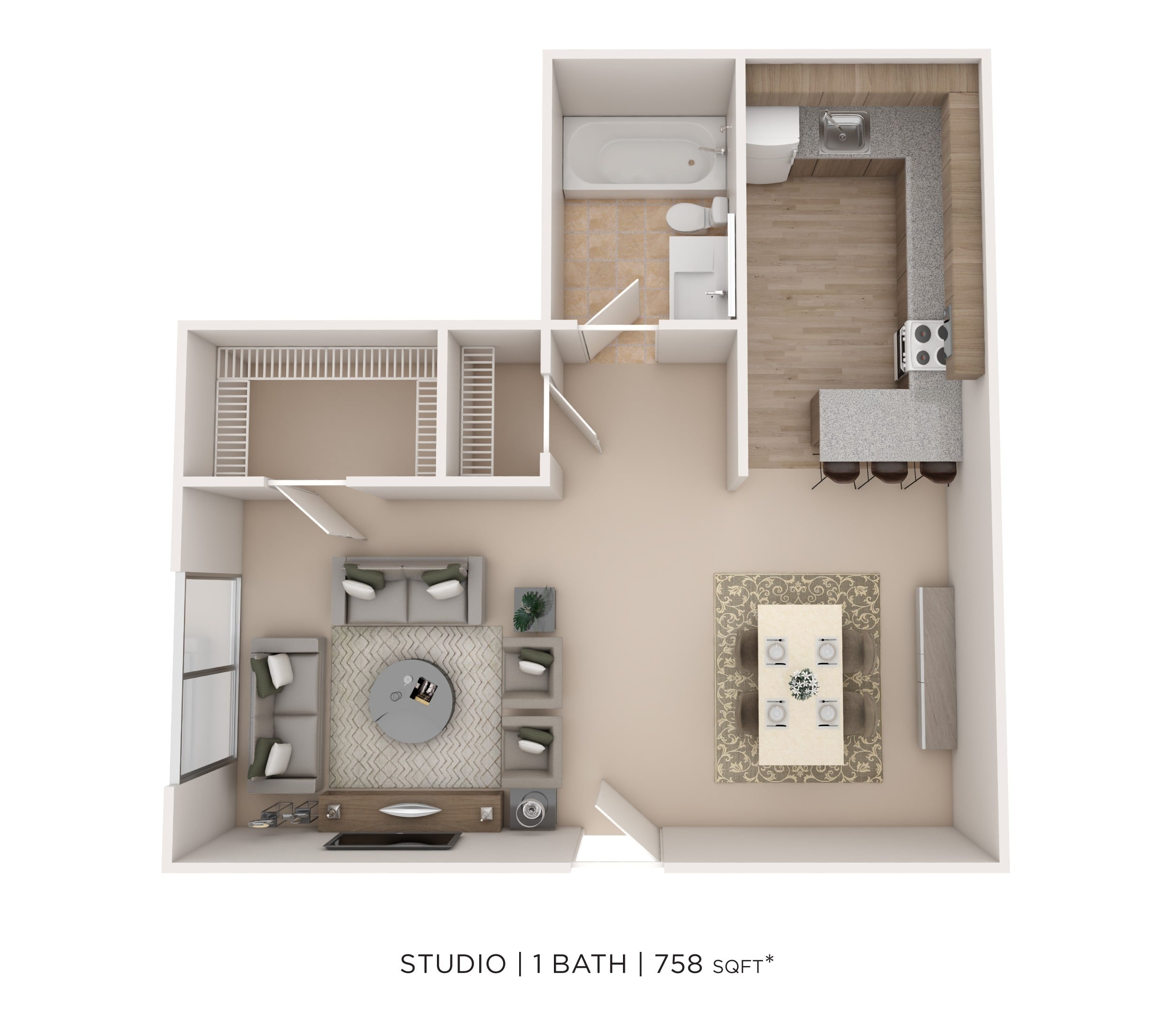 One Bed E 758 floor plan