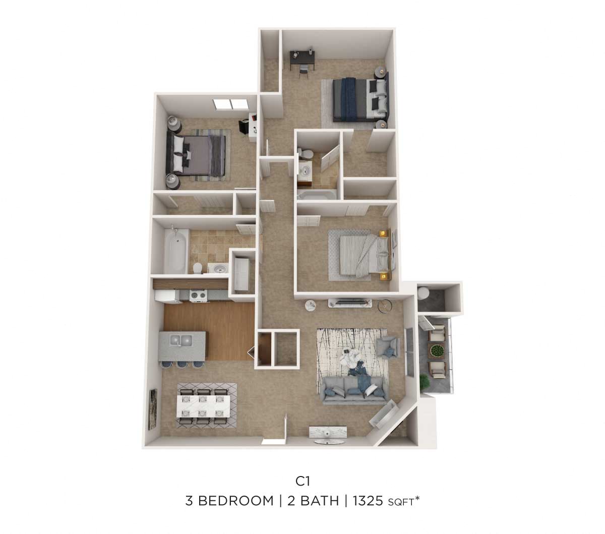 Three Bedroom 2 Bath floor plan