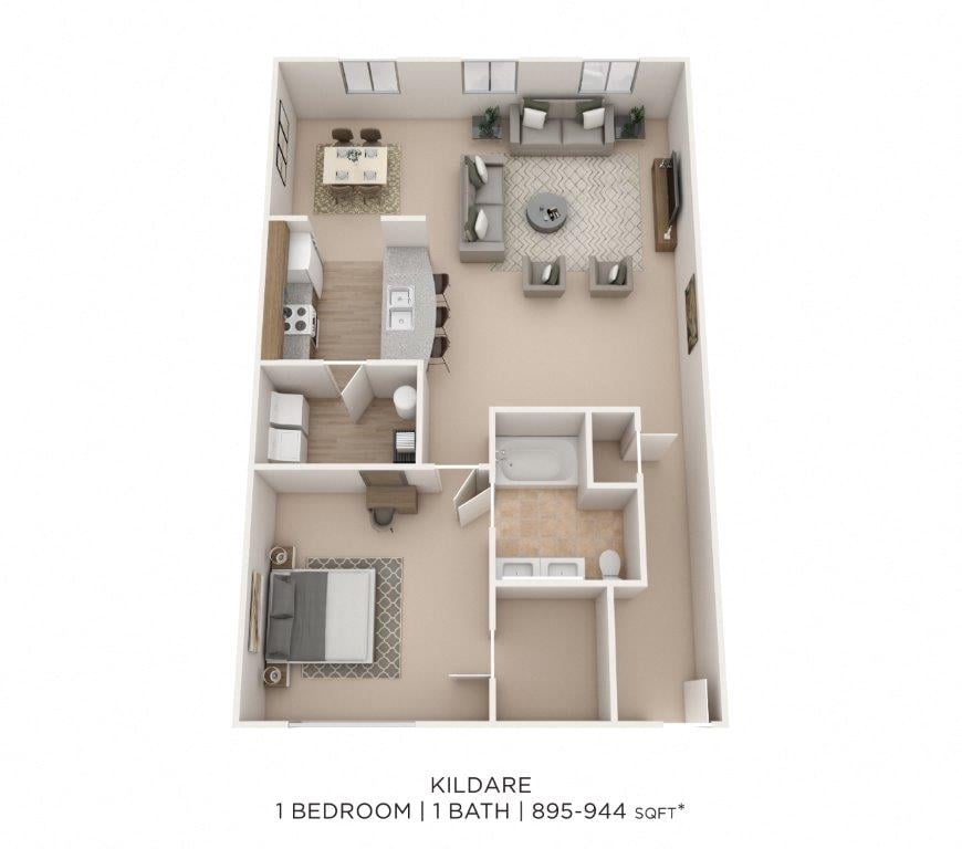 One Bedroom- 895 sqft floor plan
