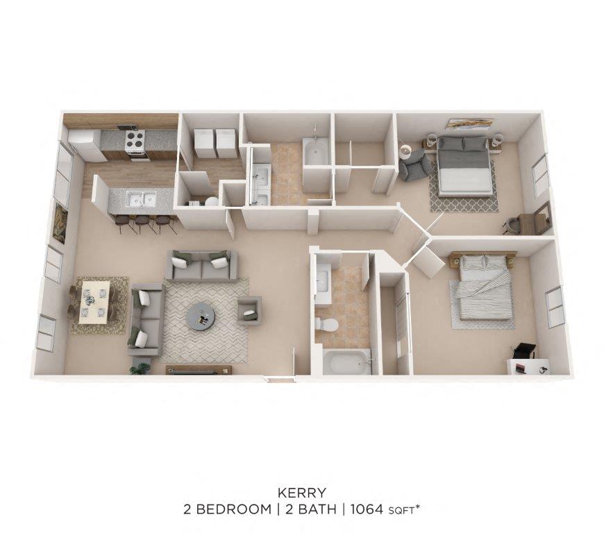 Two Bedroom 2 Bath- 1064 sqft floor plan