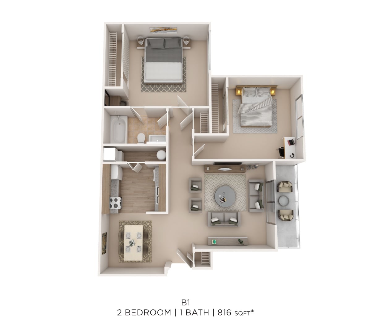 Two Bed One Bath 816 Sqft floor plan