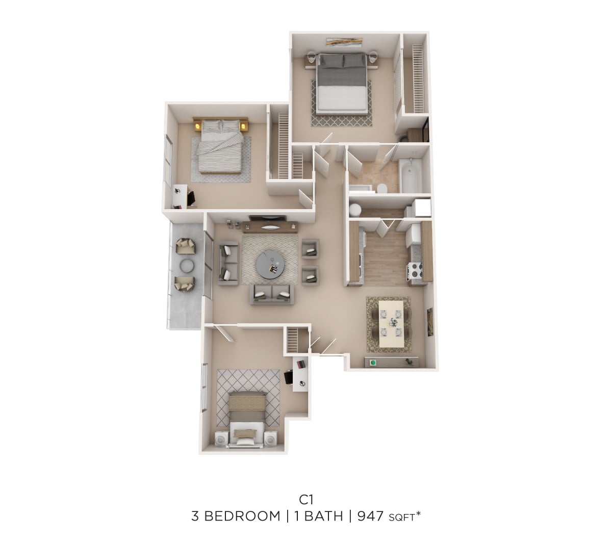 Three Bed One Bath 947 Sqft floor plan