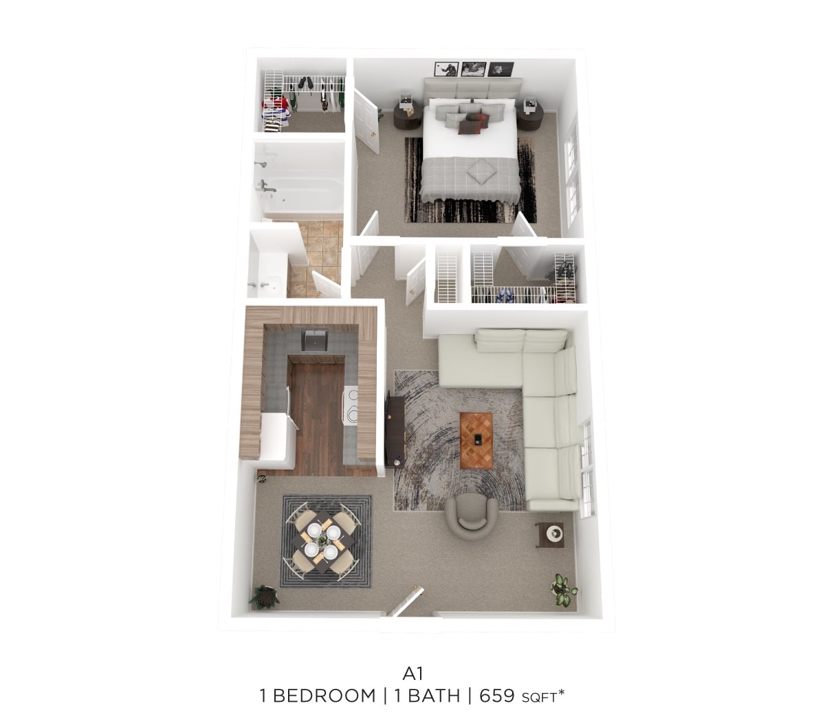 One Bed One Bath 659 Sqft floor plan