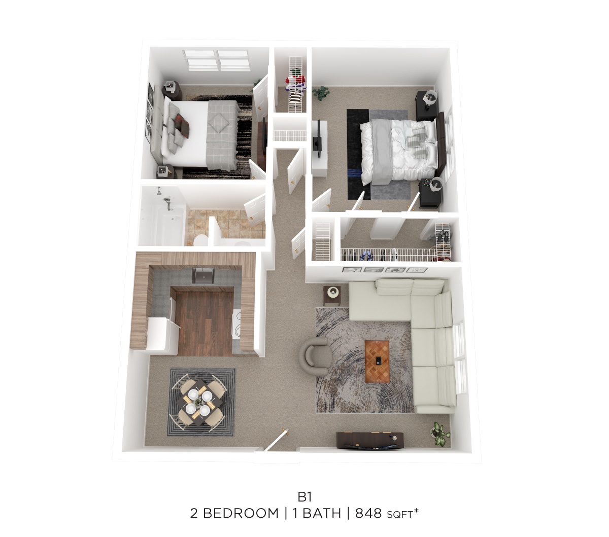 Two Bed One Bath 848 Sqft floor plan