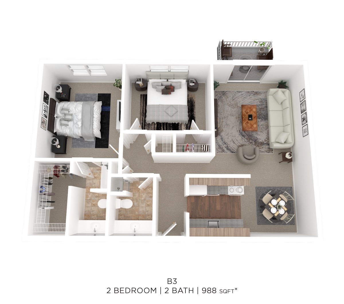 Two Bed Two Bath 988 Sqft floor plan