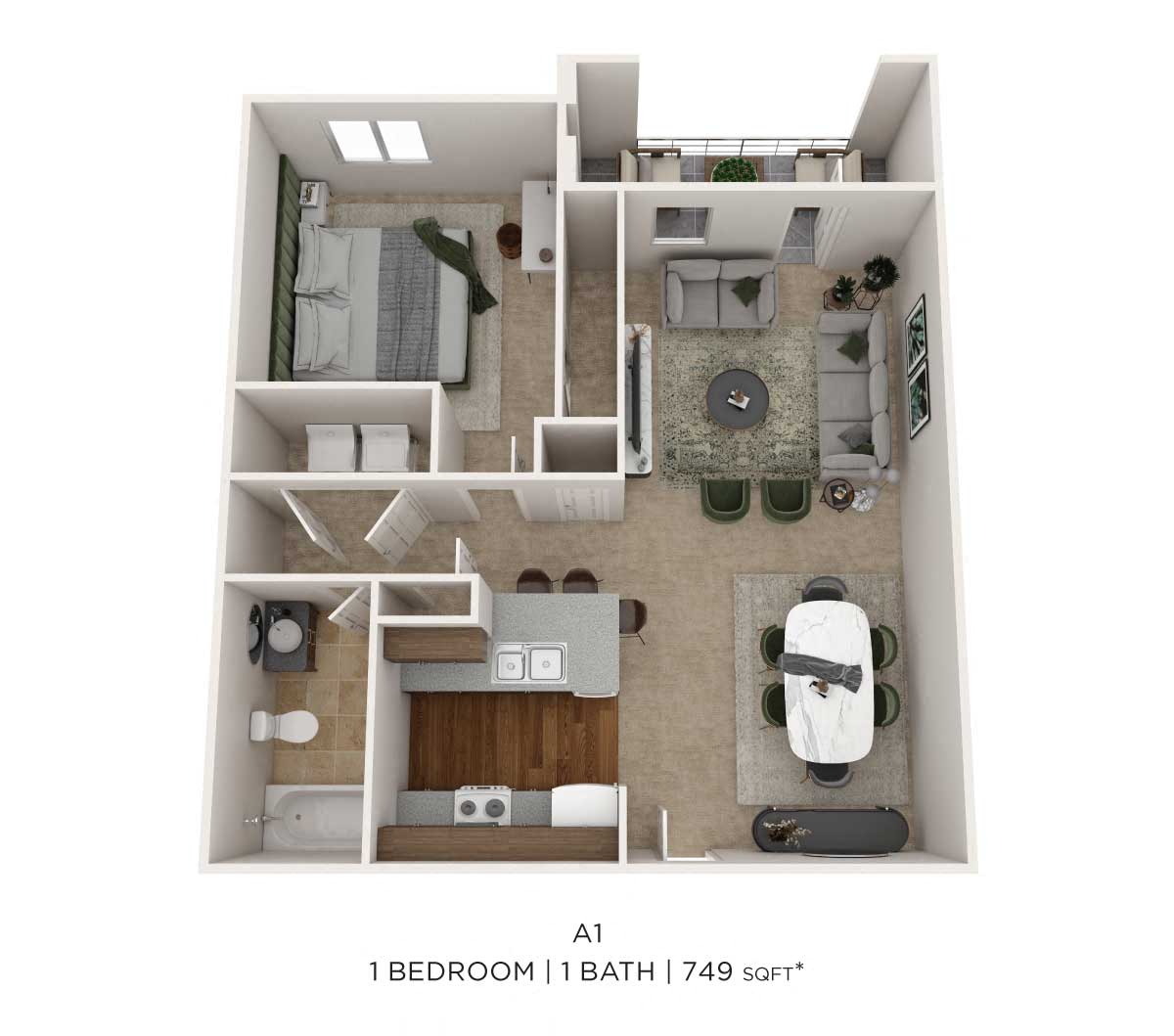 One Bedroom-749 sqft floor plan