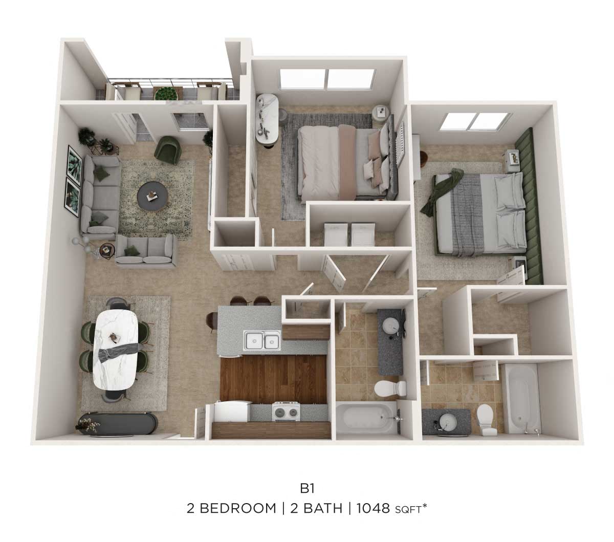 Two Bedroom 2 Bath-1048 sqft floor plan
