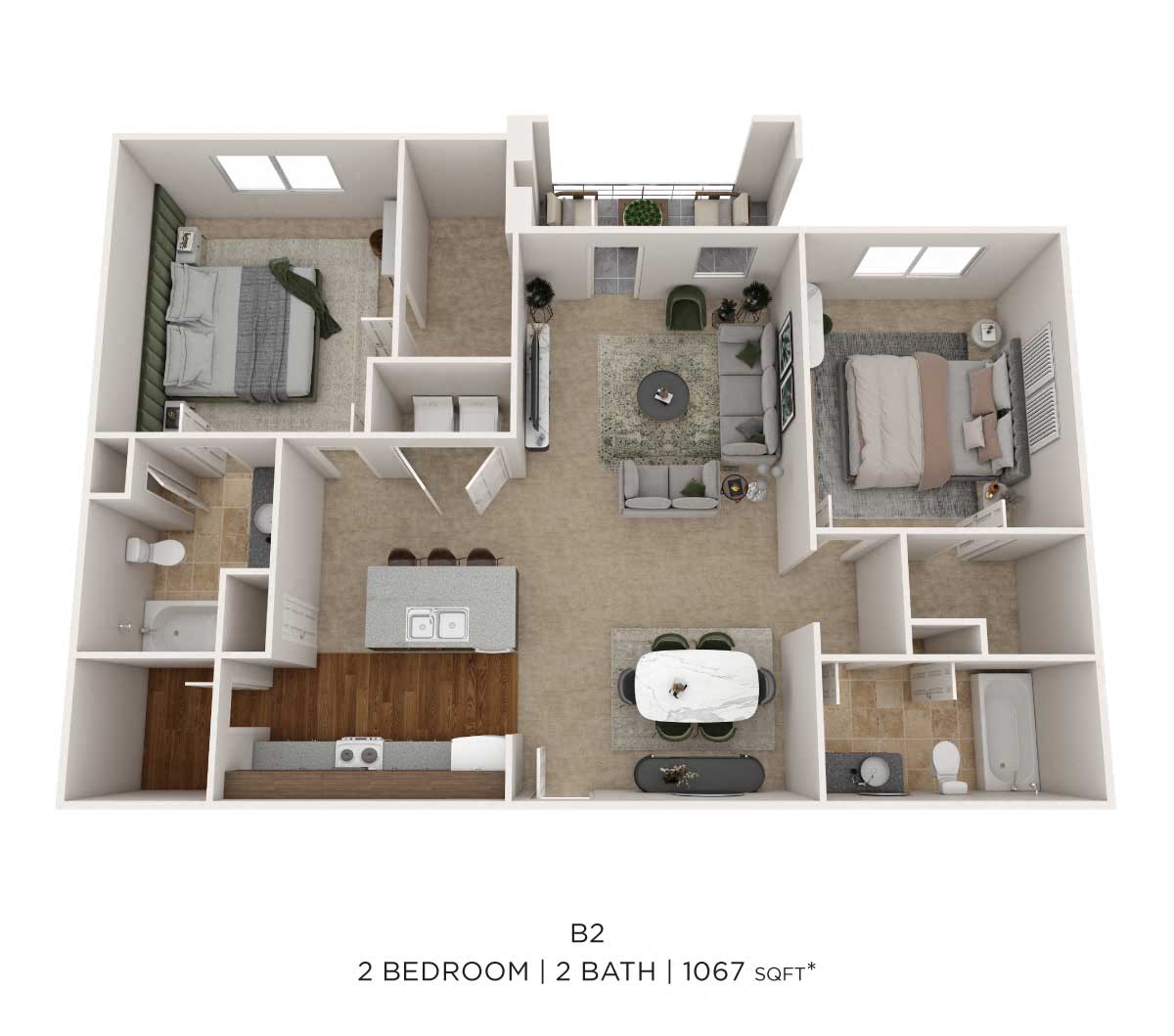 Two Bedroom 2 Bath-1067 sqft floor plan