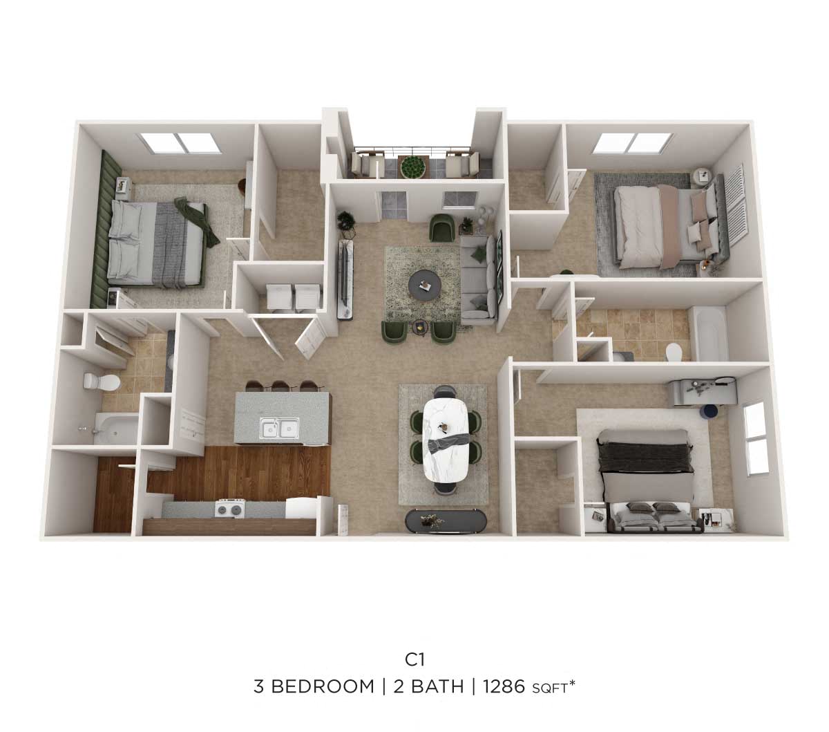 Three Bedroom- 1286 sqft floor plan