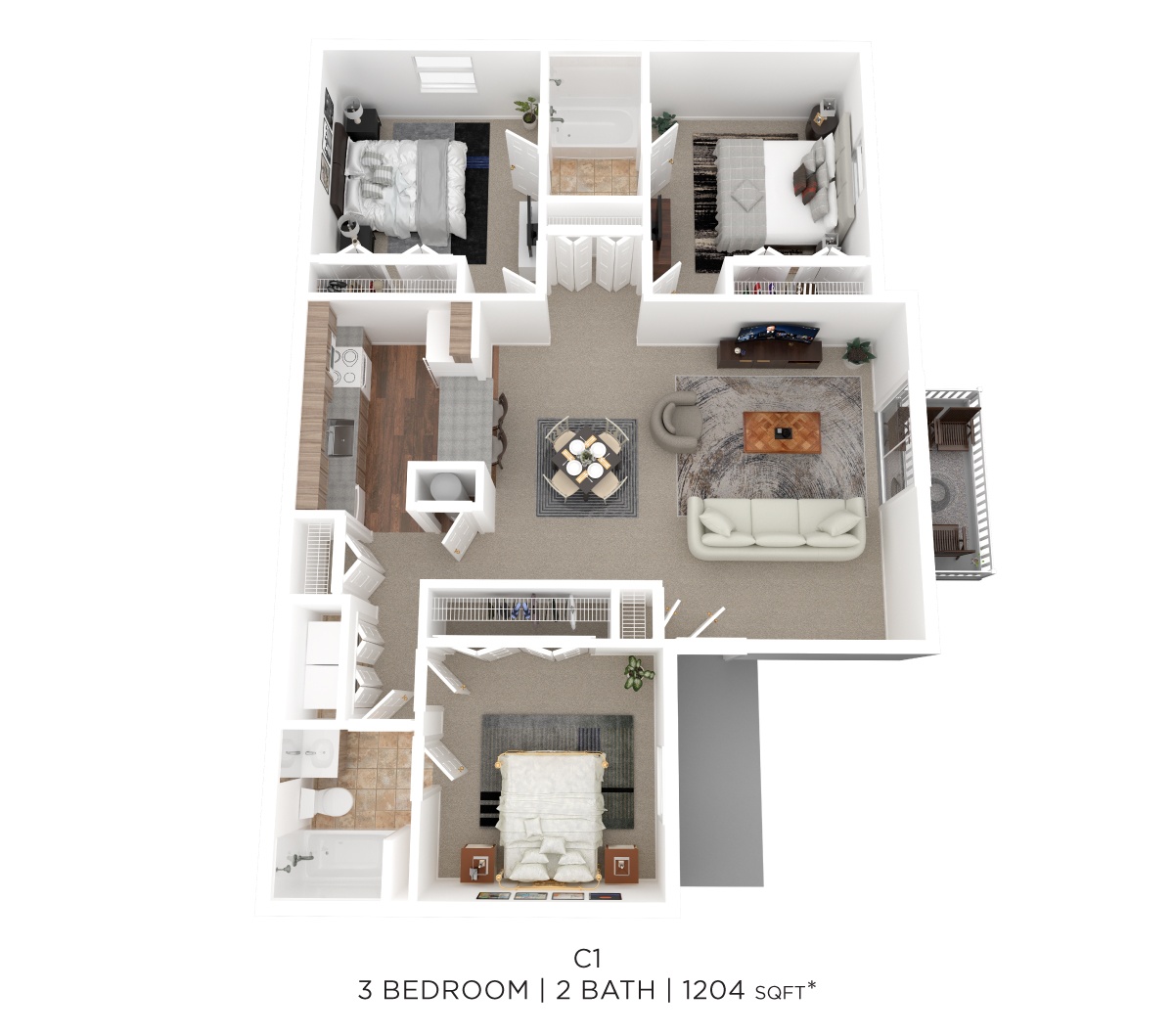 Three Bed Two Bath 1204 Sqft floor plan