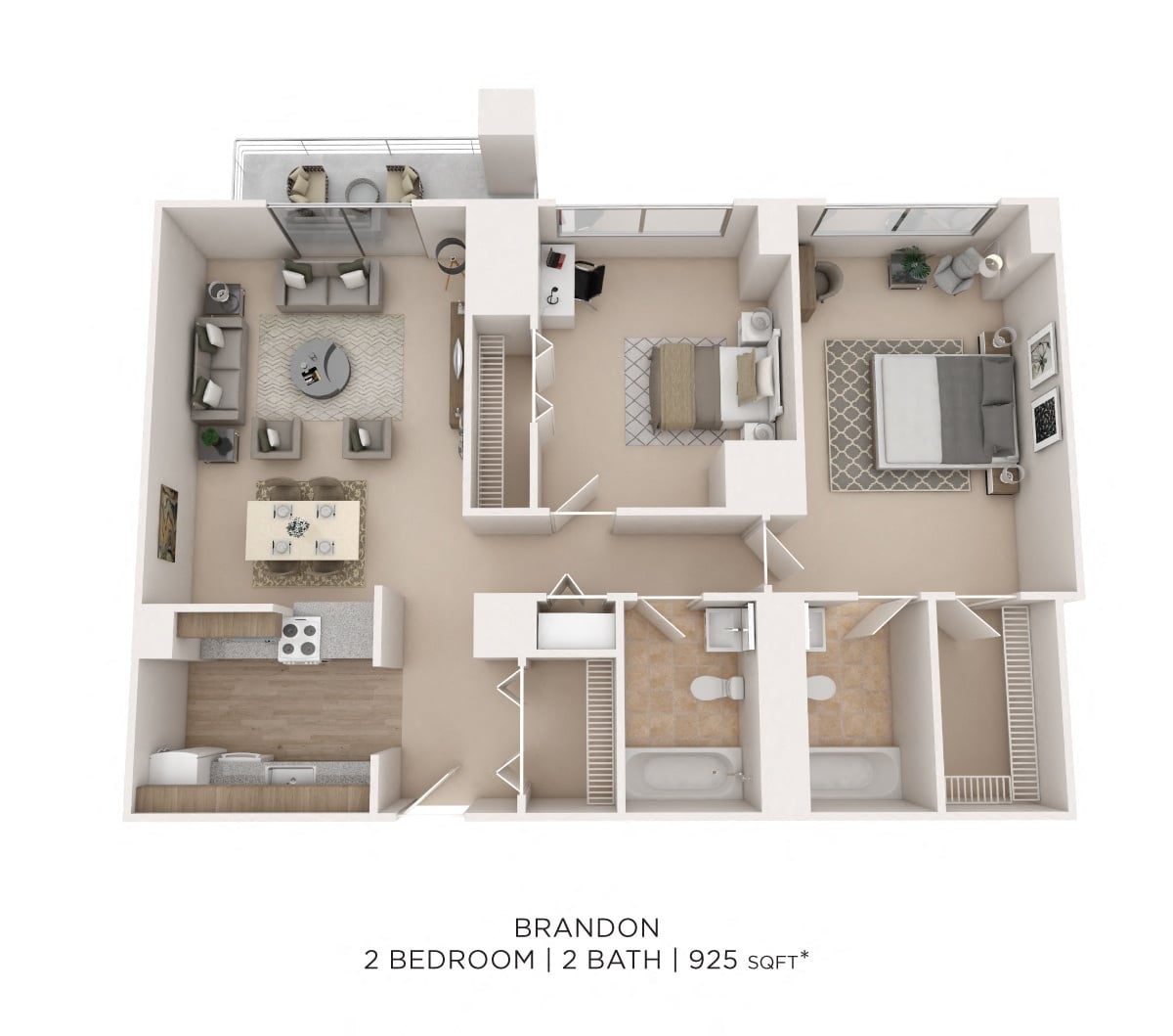 Two Bedroom 2 Bath- 925 sqft floor plan