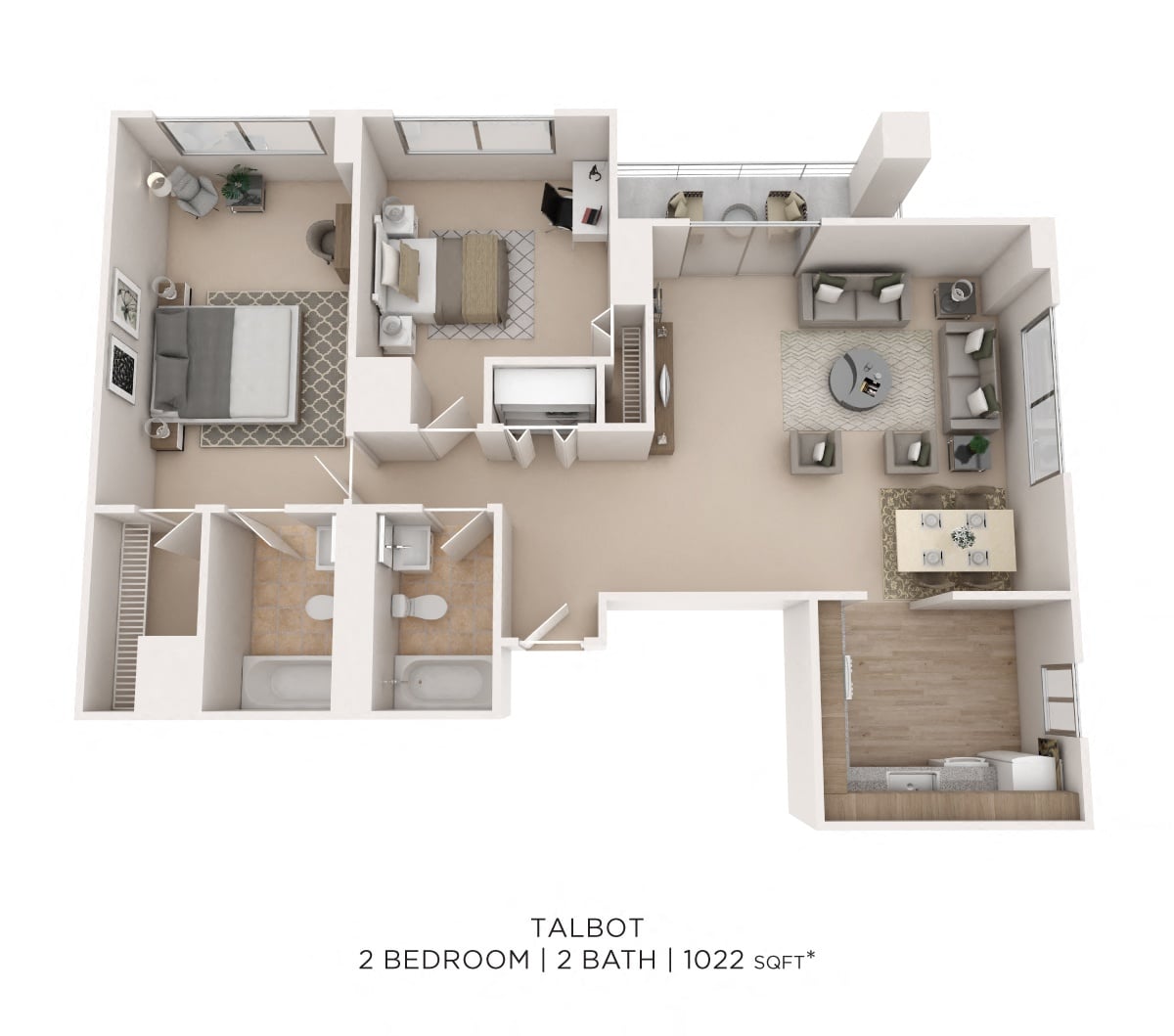 Two Bedroom 2 Bath- 1022 sqft floor plan