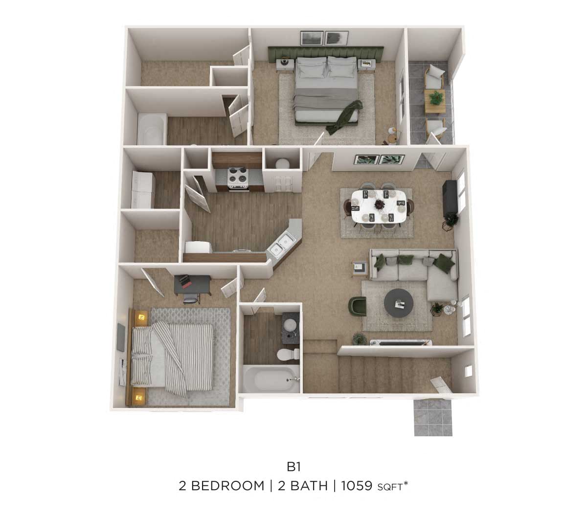 Two Bedroom 2 Bath- Upper level 1059 sqft floor plan