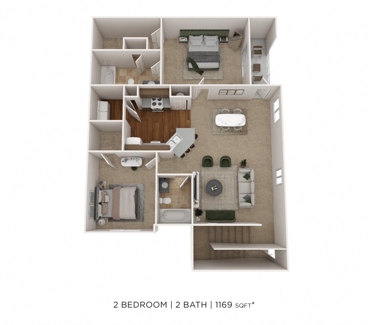 Two Bedroom 2 Bath- Upper level w/ Garage 1169 sqft floor plan