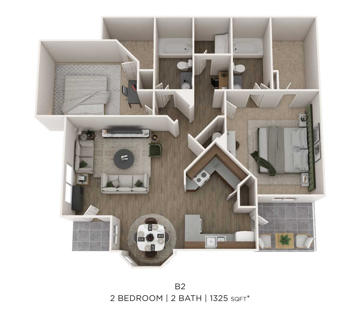 Two Bedroom 2 Bath- Lower 1325sqft floor plan