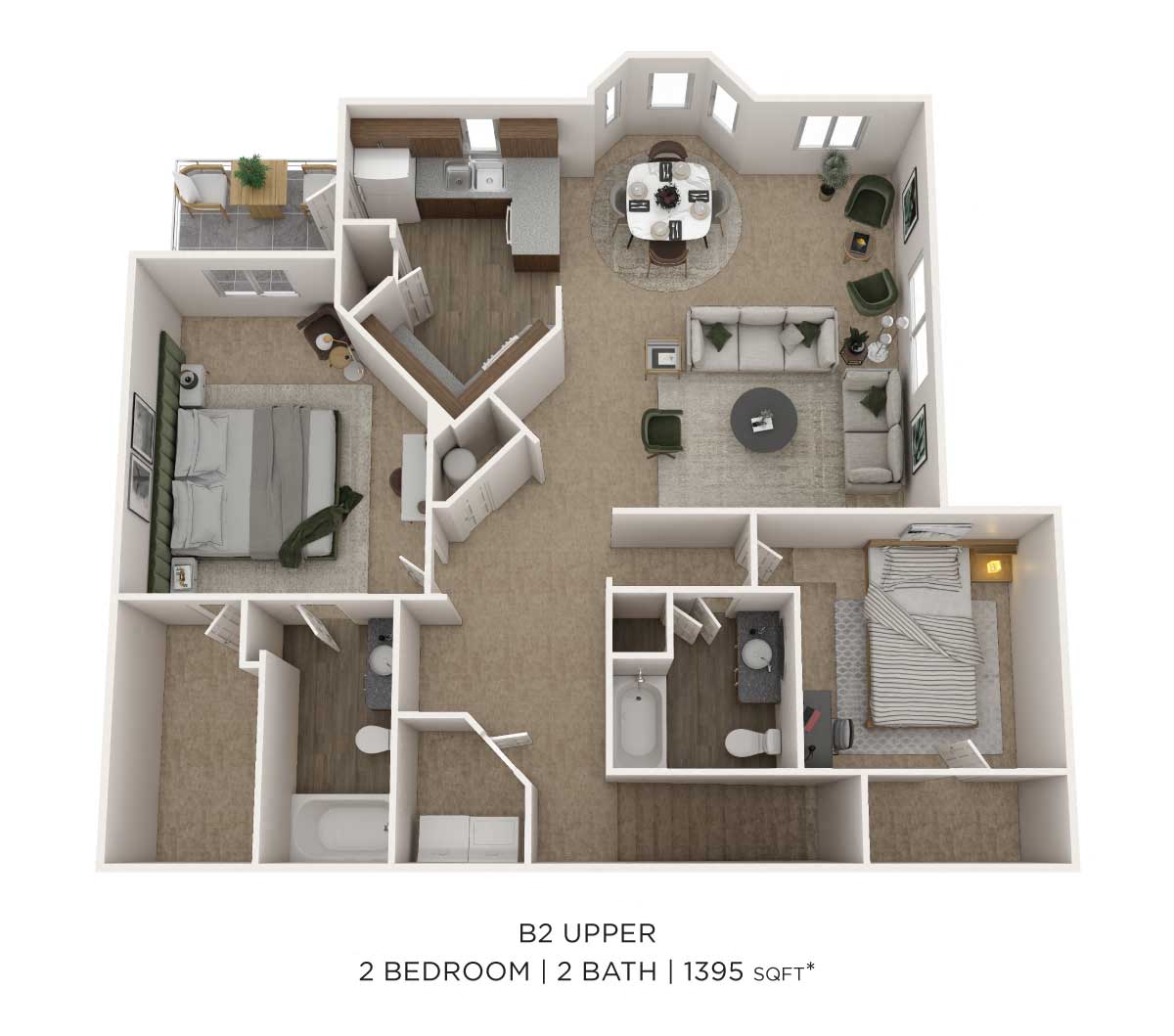 Two Bedroom 2 Bath- Upper level 1395sqft floor plan