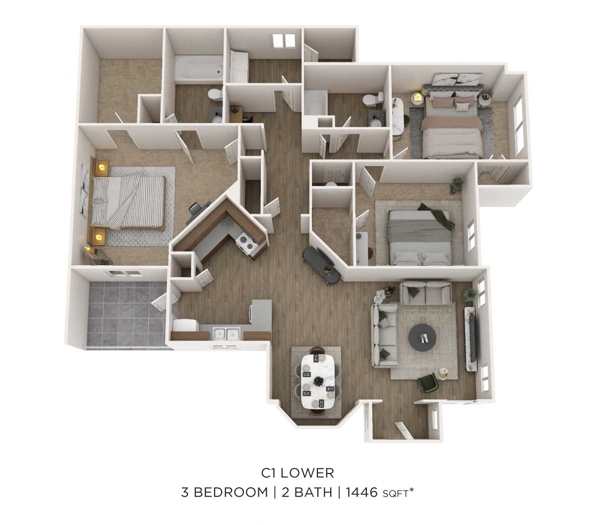Three Bedroom 2 Bath- Lower floor plan