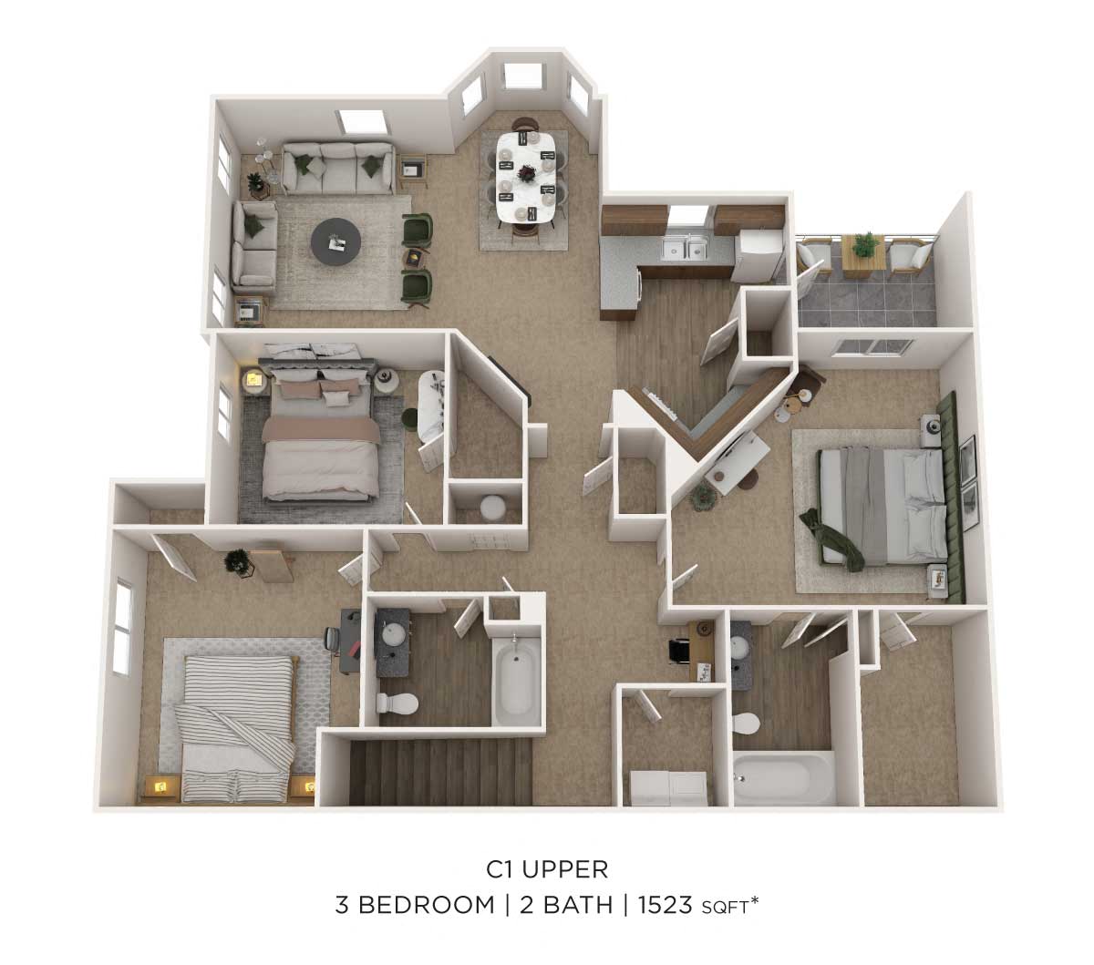 Three Bedroom 2 Bath- Upper Level floor plan