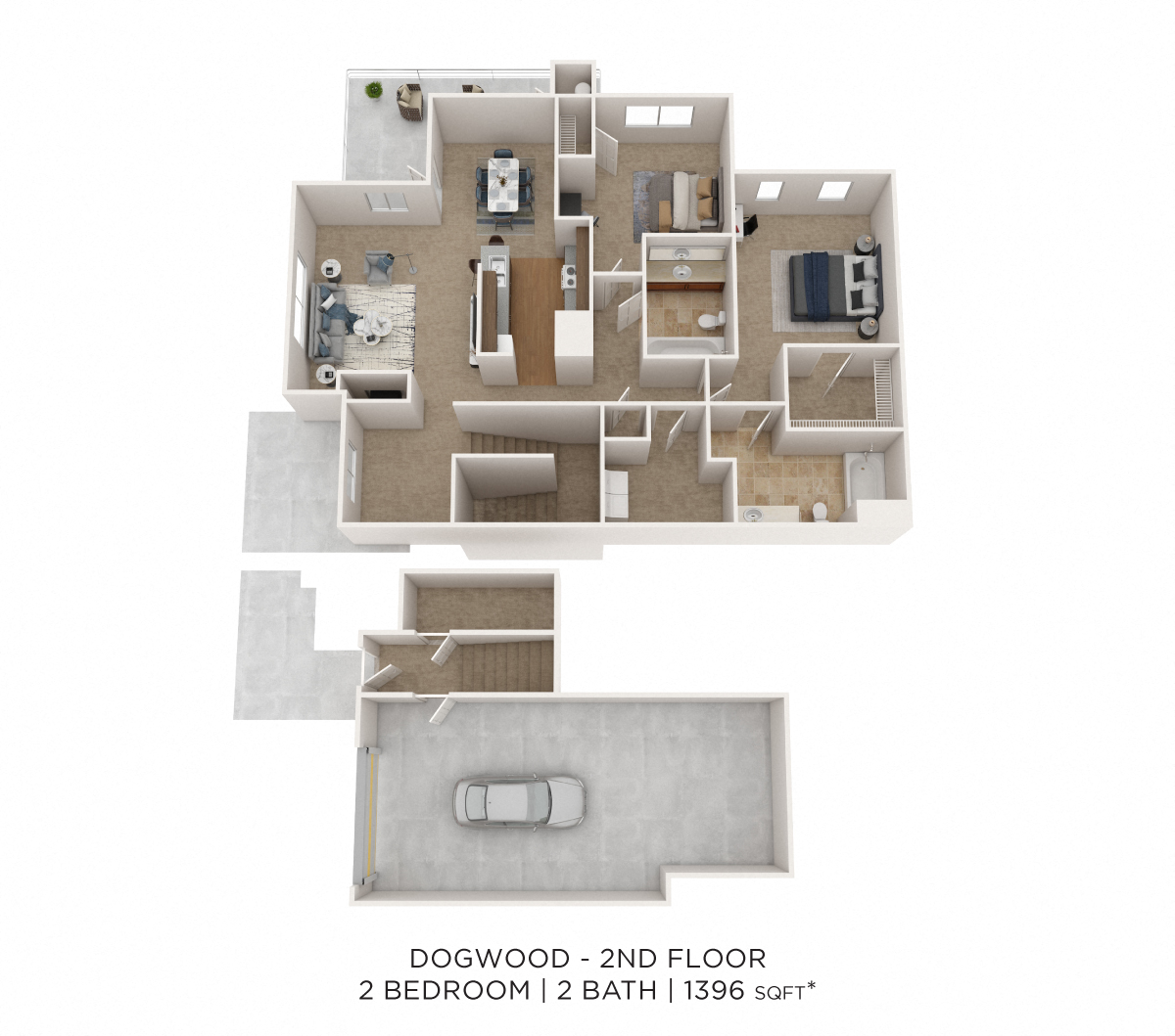 Two Bedroom 2 Bath w/ Garage - 1,396 sqft floor plan