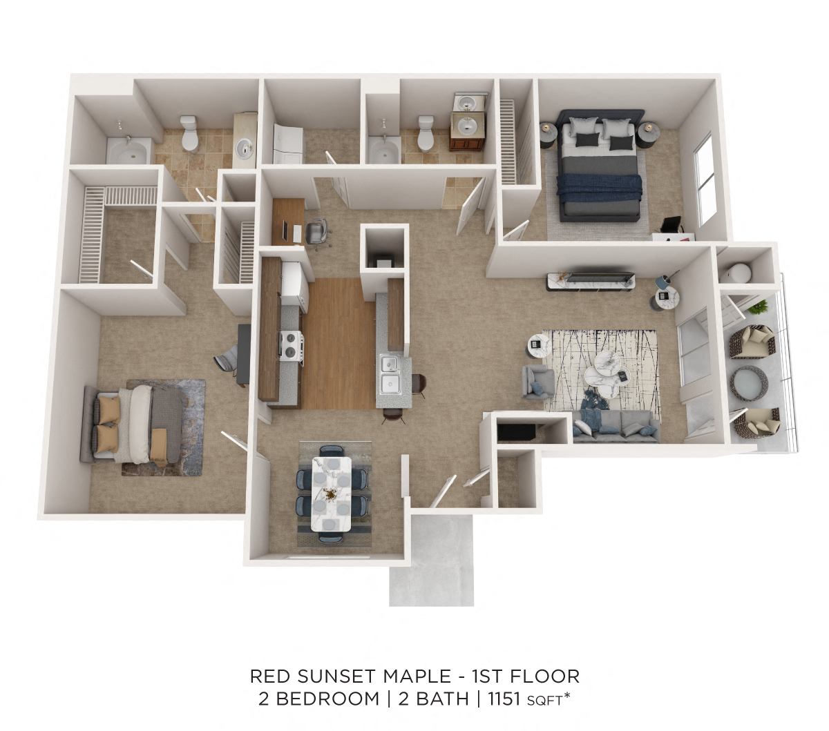 Two Bedroom 2 Bath - 1,151 sqft floor plan