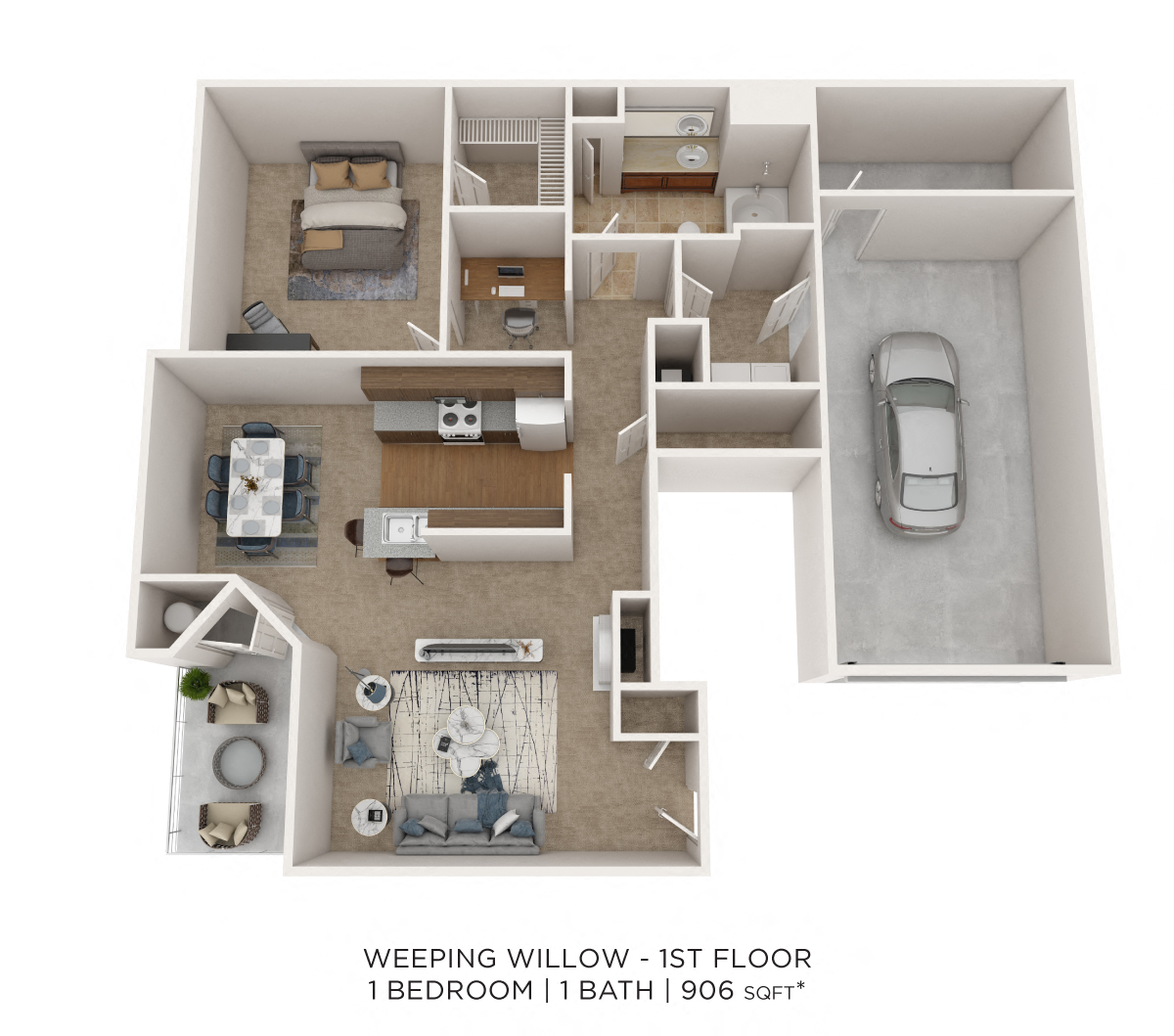 One Bedroom w/ Garage - 906 sqft floor plan