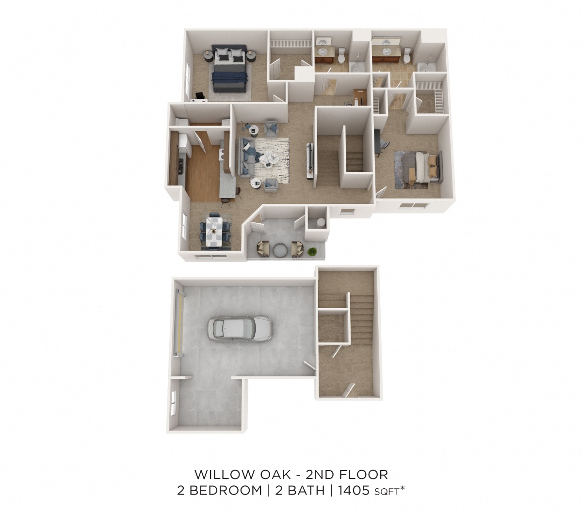 Two Bedroom 2 Bath w/ Garage - 1,405 sqft floor plan