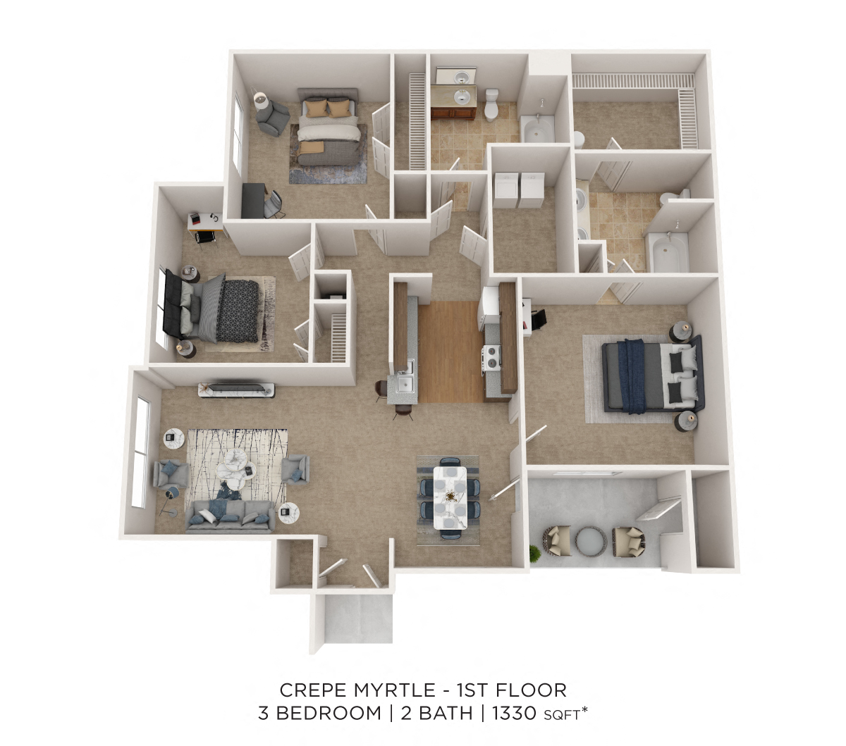 Crepe Myrtle - 3 Bedroom 2 Bath 1330 SqFt floor plan