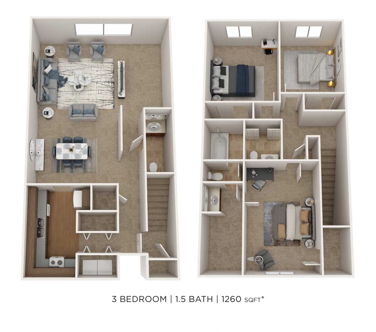 Three Bedroom 1.5 Bath Townhome floor plan
