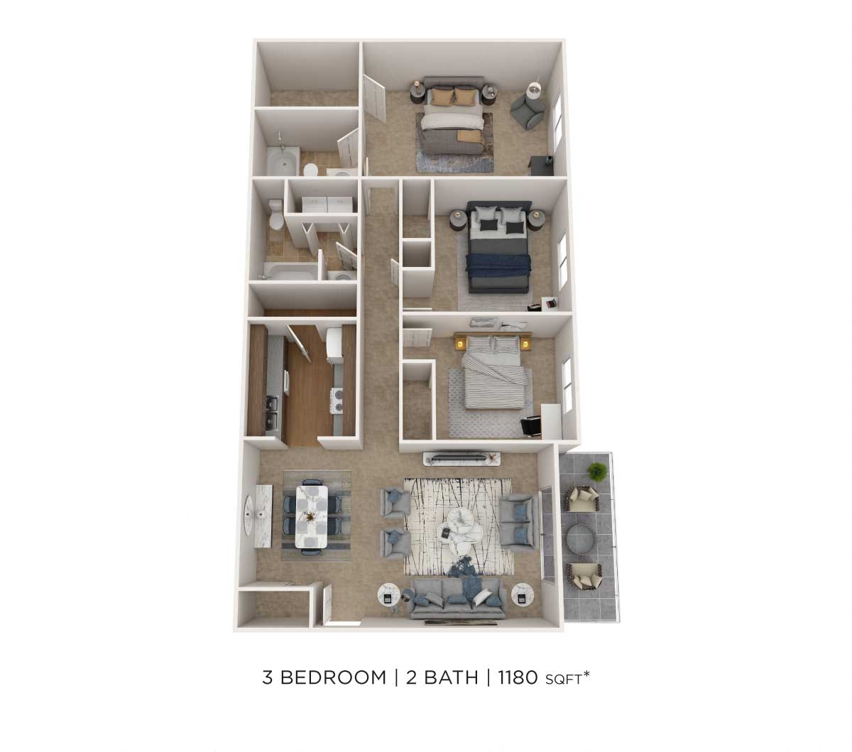 Three Bedroom 2 Bath floor plan
