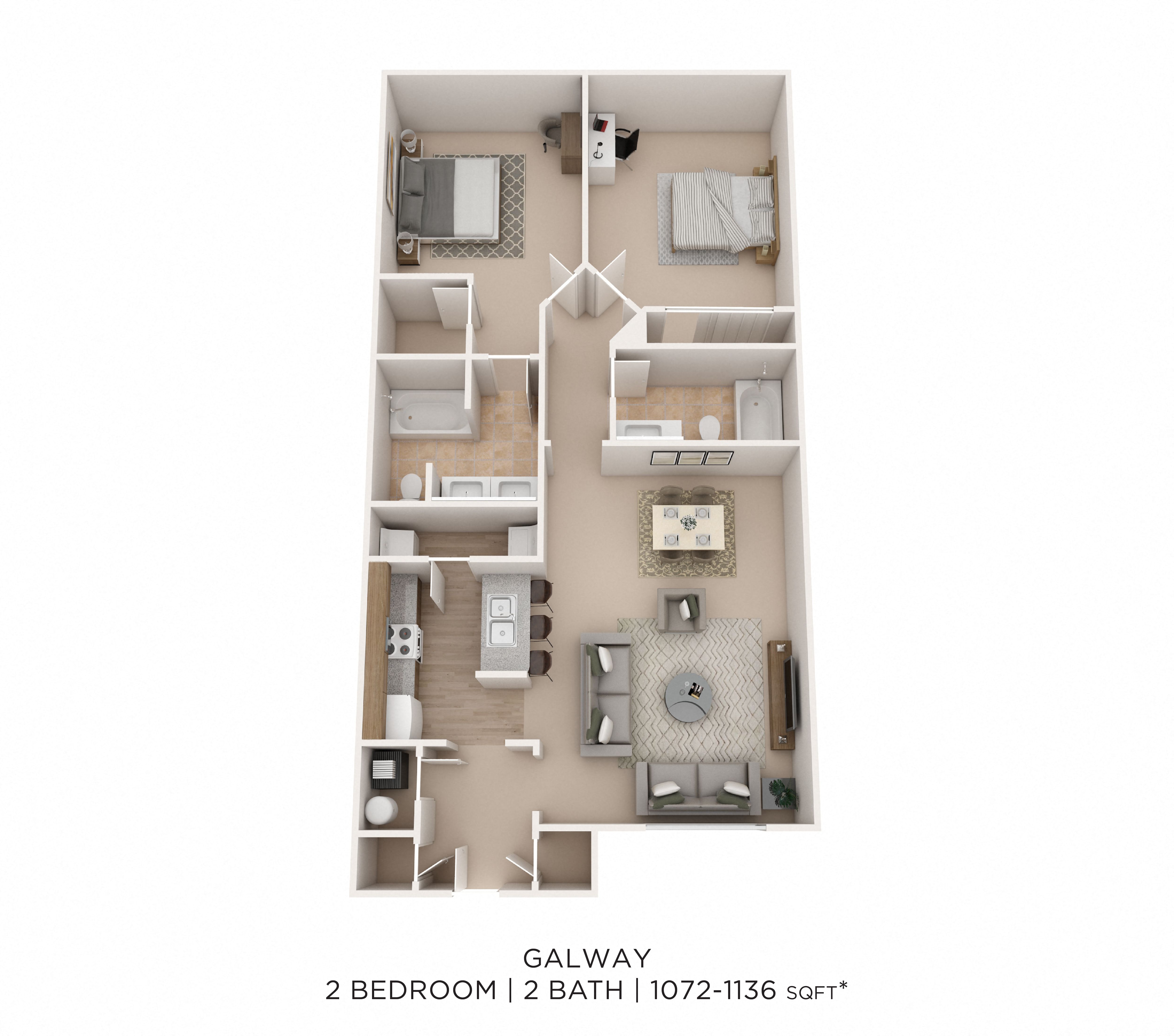 Two Bedroom 2 Bath- 1136 sqft floor plan