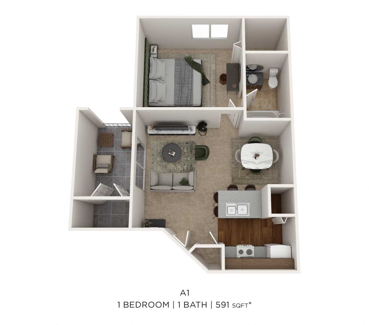 One Bedroom- 598 sqft floor plan