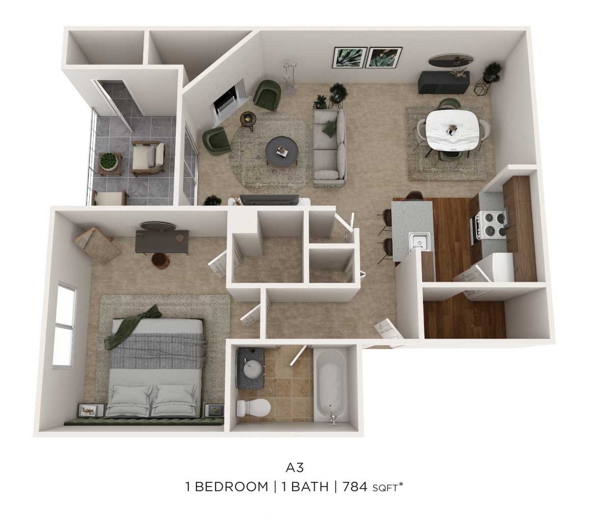 One Bedroom- 784 sqft floor plan