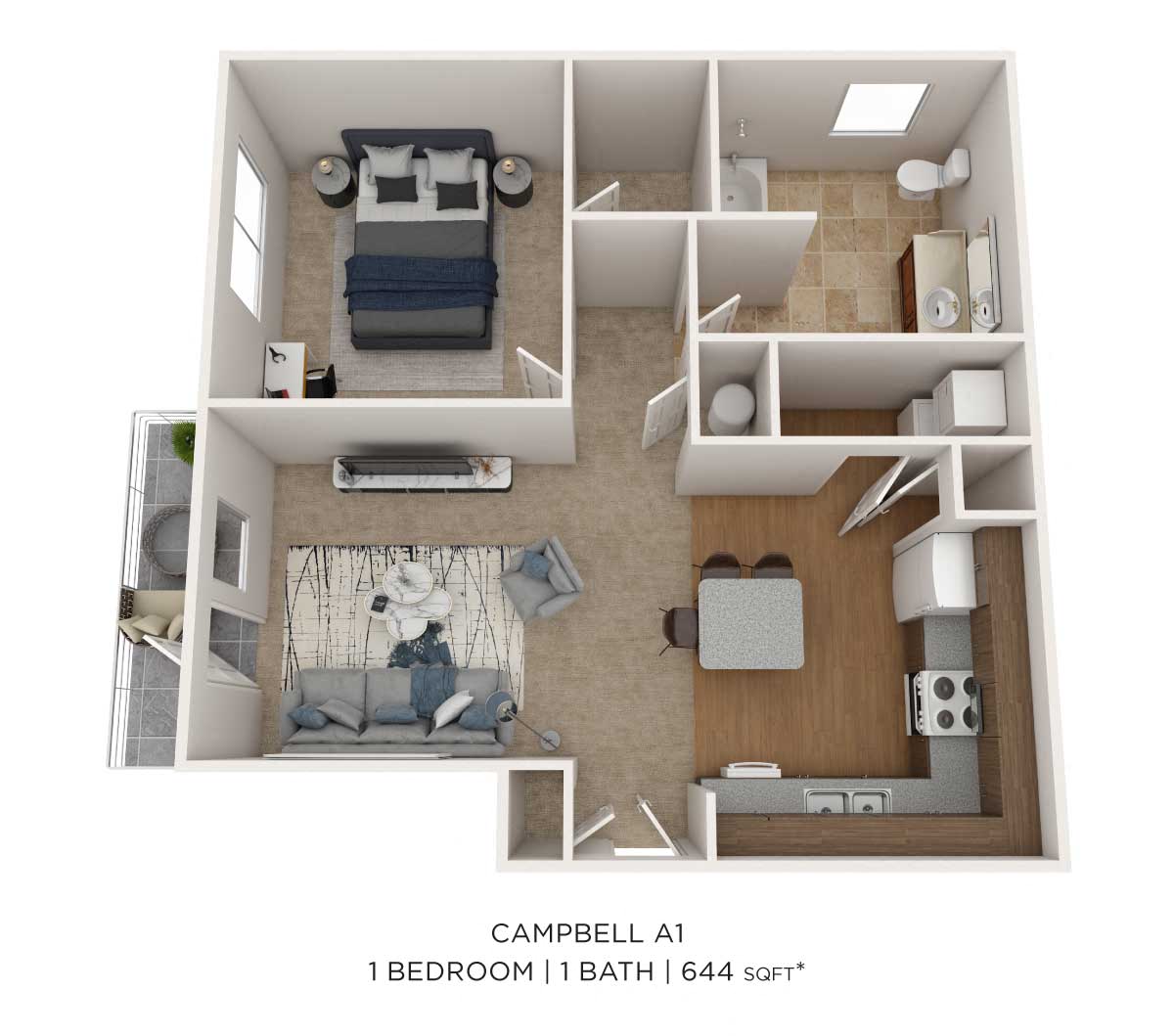 One Bedroom - 644 sqft floor plan