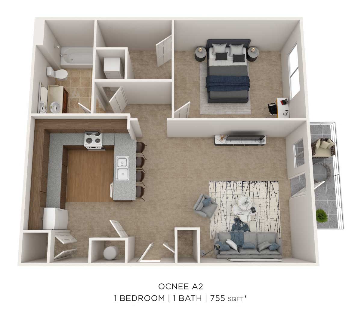 One Bedroom - 755 sqft floor plan