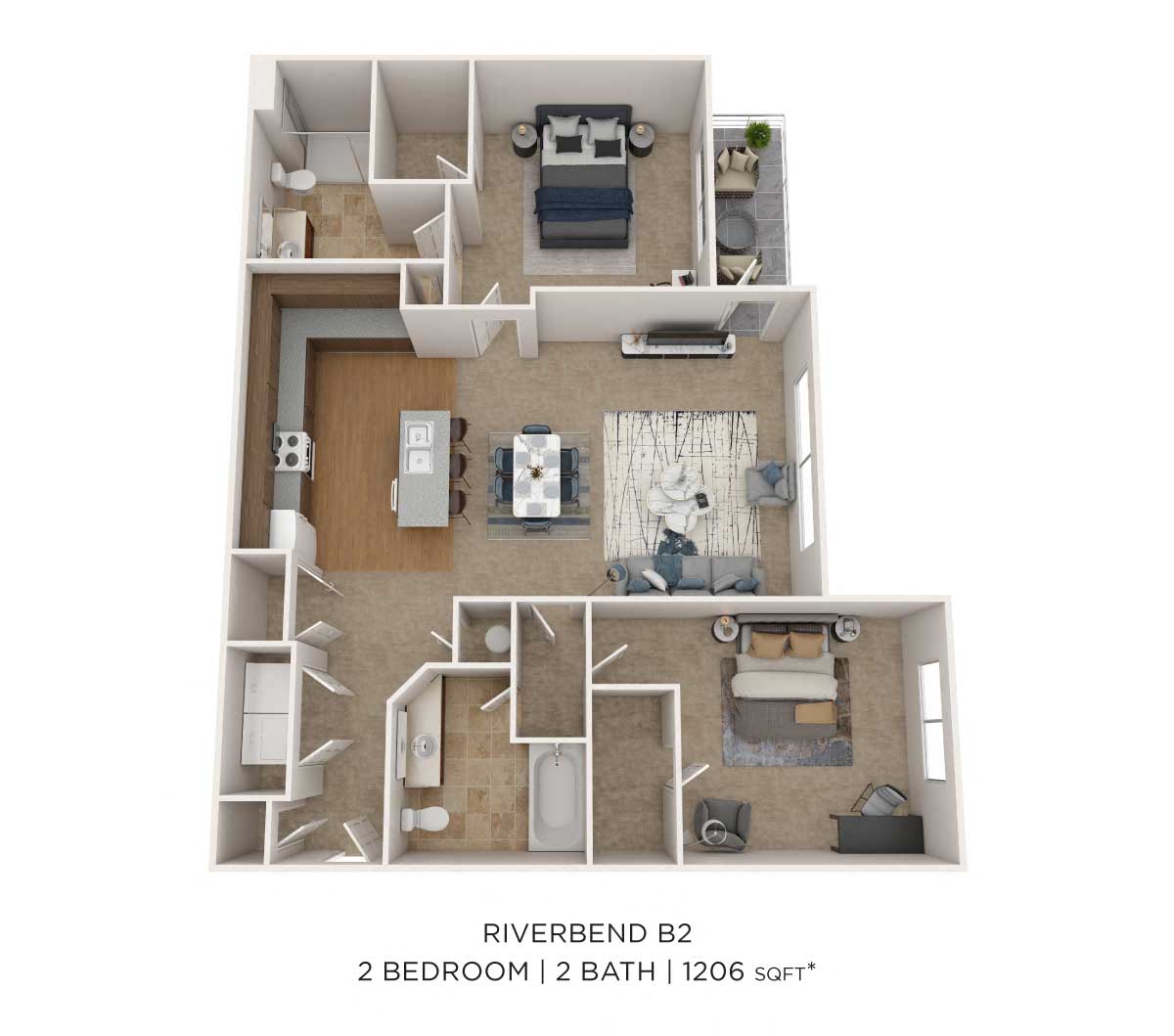 Two Bedroom 2 Bath - 1,206 sqft floor plan
