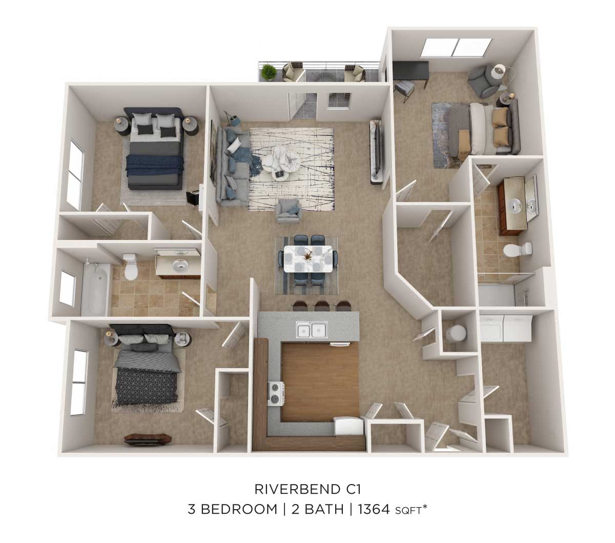 Three Bedroom 2 Bath - 1,364 sqft floor plan