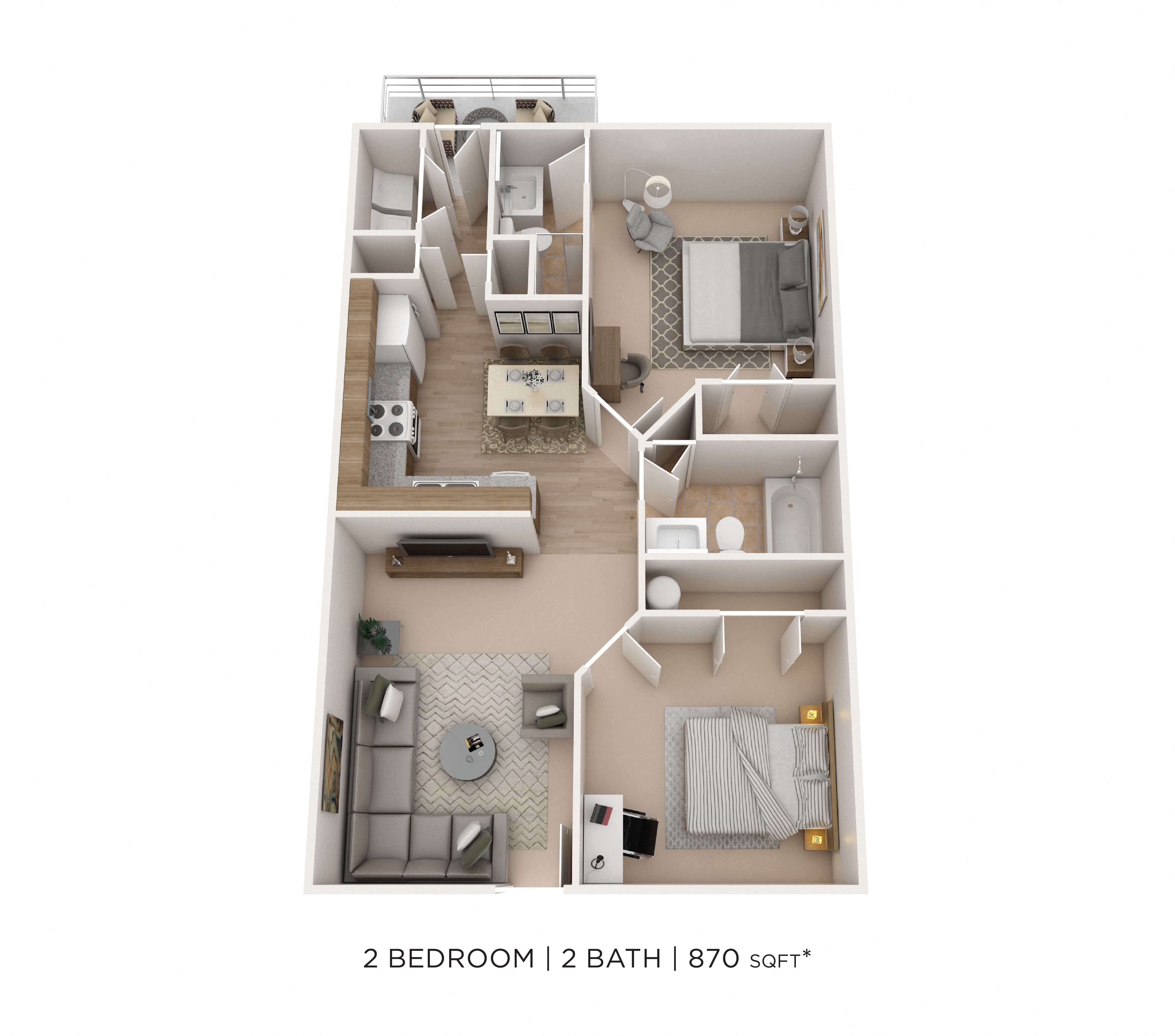 Two Bedroom 2 Bath- 870 sqft floor plan