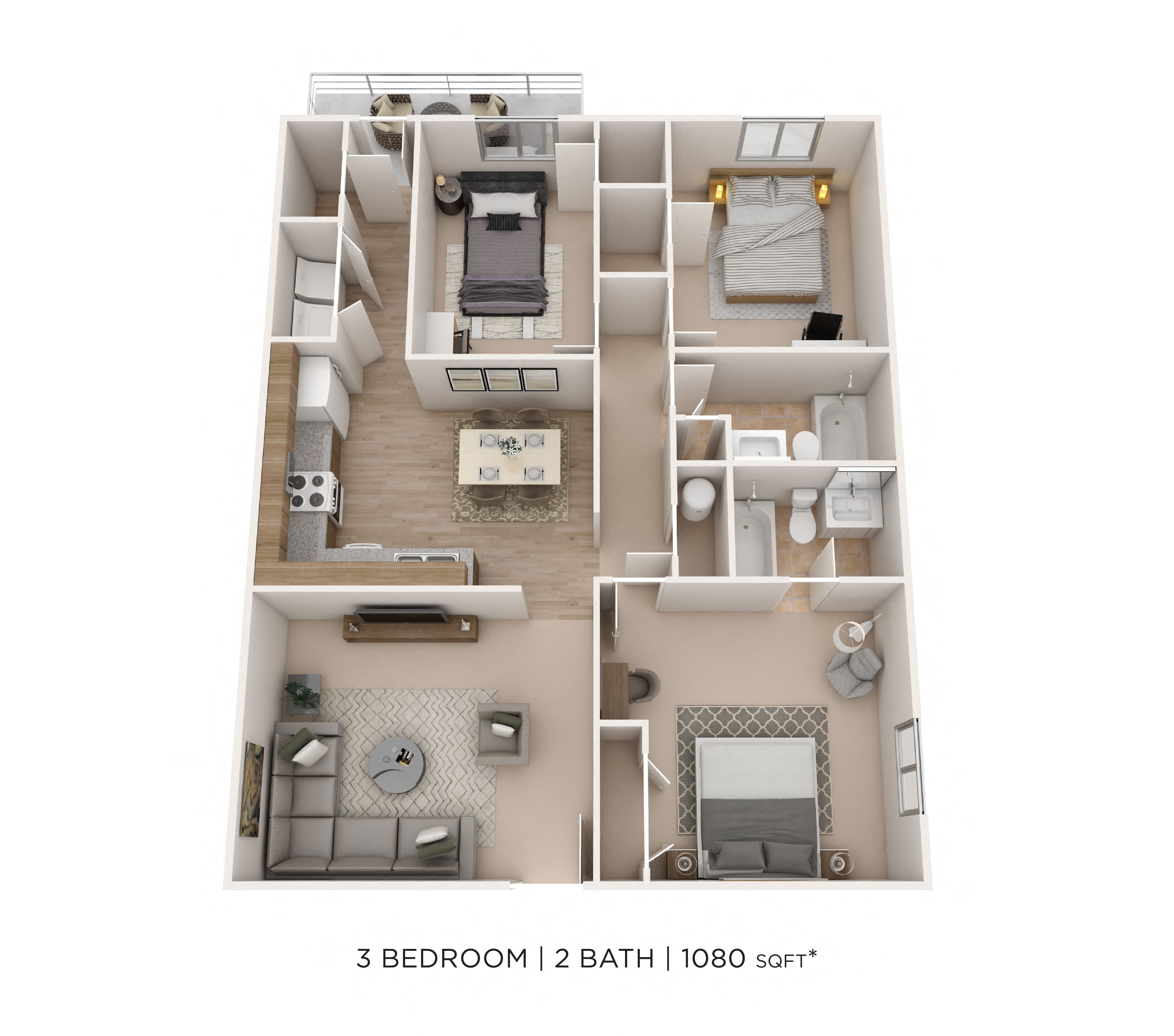 Three Bedroom 2 Bath- 1080 sqft floor plan