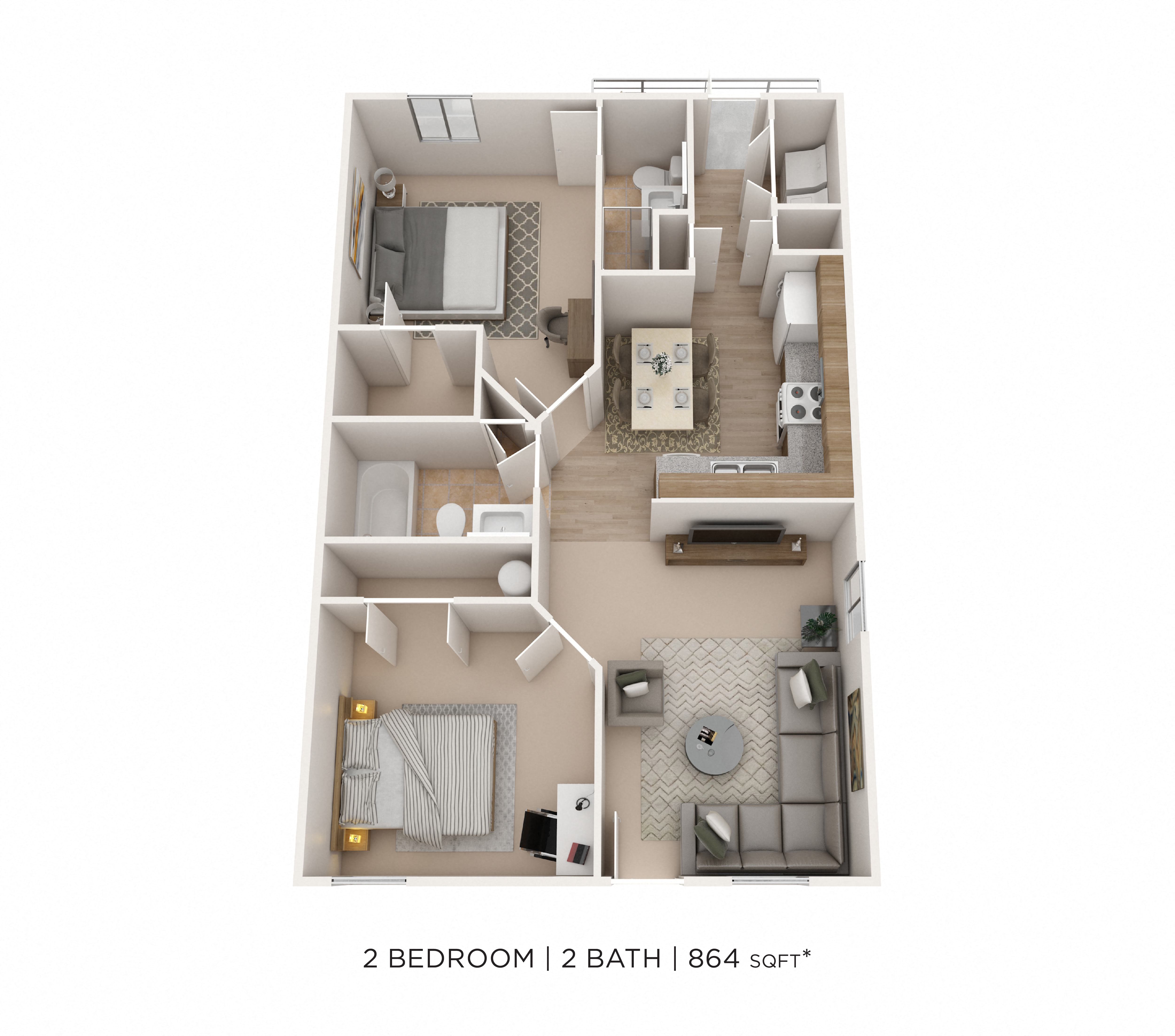 Two Bedroom 2 Bath- 907 sqft floor plan